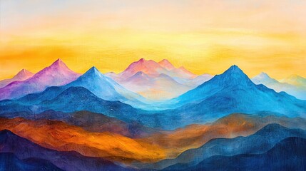 Poster - Colorful mountain range landscape painting with vibrant blue purple and orange hues