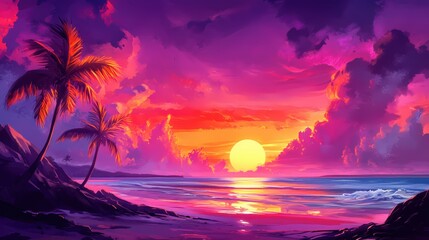 Poster - Vibrant Tropical Sunset Painting with Palm Trees and Ocean Waves in Vivid Pink and Orange Hues