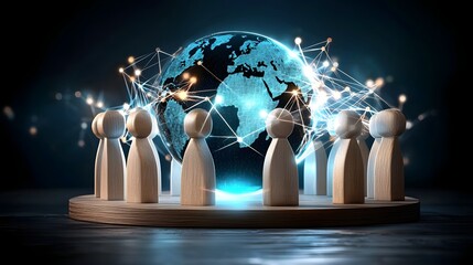 Fototapete - Group of wooden figures standing together on a smooth wooden platform surrounded by a glowing digital globe with interconnected energy lines symbolizing global technological progress