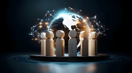 Poster - Stylized wooden figures standing in unity encircled by a luminous wireframe globe with interconnected lines symbolizing international teamwork and shared knowledge