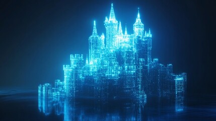 Futuristic castle glowing in digital blue on a dark surface, creating a mystical atmosphere