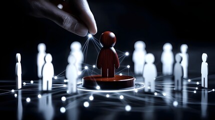 Poster - Innovative leadership concept featuring a red wooden figure positioned in front of aligned white figures enhanced by technology driven digital icons and a futuristic high detail aesthetic