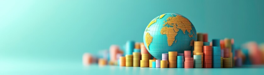 Wall Mural - a colorful globe surrounded by stacks of coins, representing global finance and economic growth in a