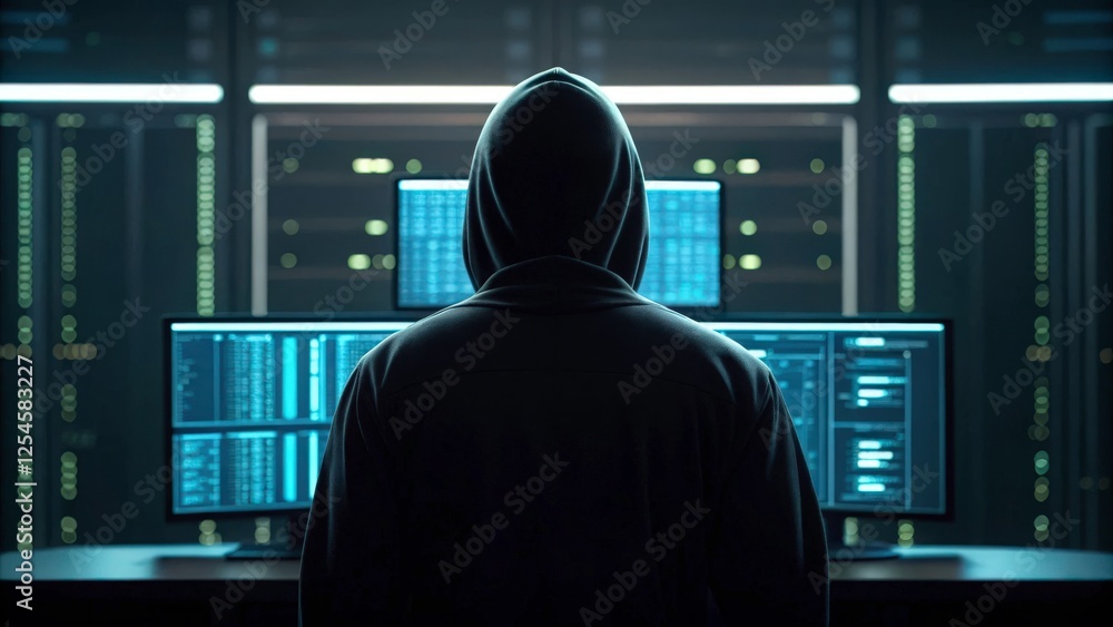 Shadow Computer People a hooded figure sits in front of multiple computer monitors, a shadowy ...