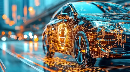 Poster - Futuristic city skyline with glowing GPS navigation lines guiding self driving cars through the urban landscape  Illuminated roads and architecture create a sleek technological atmosphere