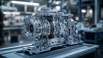 Engine with gearbox system disassembly and repair process, highlighting parts and machinery in a bright modern setting, symbolizing technical precision and mechanical work