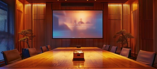 Wall Mural - modern conference room with large screen, wooden table, and chairs.