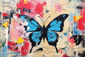 Wall Mural - Abstract butterfly and flower ripped paper art painting backgrounds.