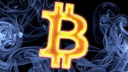 Poster - Glowing bitcoin symbol surrounded by wisps of smoke on a dark background. Cryptocurrency investment and digital finance concept