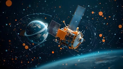 Poster - Satellite Sending Signals to GPS Tracker on Moving Vehicle in Space with Glowing Orbs Surrounding the Earth s Atmosphere