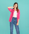 © sitthiphong - Asian businesswoman casual pink shirt neck and back pain rubbing her painful body neck area on blue background