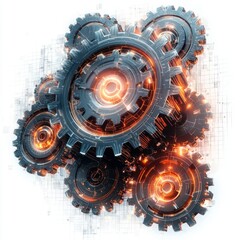 Wall Mural - abstract digital illustration of interconnected metallic gears with glowing elements and data patter