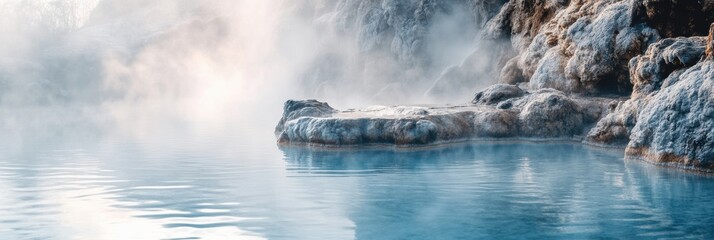 Poster - Relaxing in a serene hot spring surrounded by rocky formations and soothing steam at dawn. Generative AI