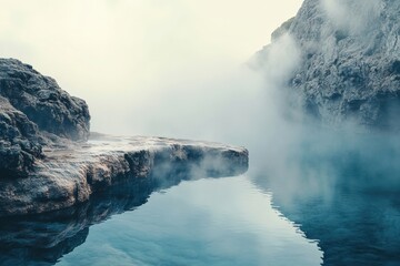 Poster - Serene hot spring with steam rising above rocky edges in a tranquil natural setting. Generative AI