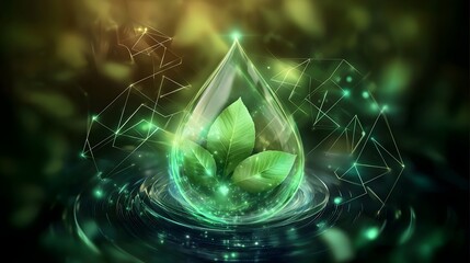 Aufkleber - Luminous Biofuel Droplet with Leaf Patterns Pulsating with Clean Energy in a Futuristic Green Technology Background Representing Renewable Fuel Innovation and Sustainable Development