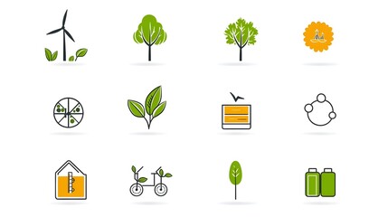 Aufkleber - Minimalist featuring a set of 15 outline icons representing renewable energy sources and eco friendly sustainability concepts  The collection includes symbols for solar panels wind turbines