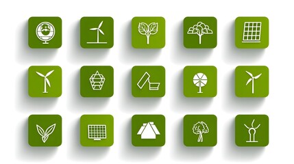Poster - Minimalist featuring a set of 15 outline icons representing green energy and renewable power sources including solar panels wind turbines hydroelectric power bioenergy electric vehicles