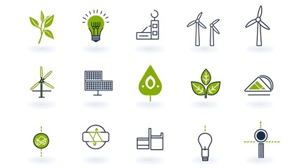 Poster - Cohesive line art featuring a set of 15 minimalistic green energy icons in a clean uniform aesthetic  Includes eco friendly symbols such as wind turbines solar panels energy efficient buildings