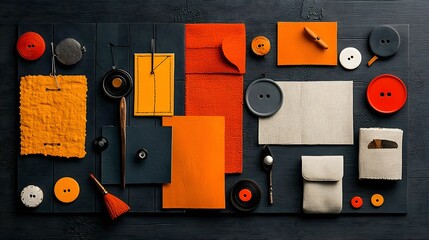 Aufkleber - Textural mood board featuring a vibrant arrangement of fabric swatches color palettes and buttons creating a stylish and creative composition for fashion design or DIY
