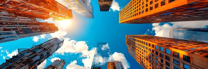 Poster - Towering glass skyscrapers with reflective facades reaching up towards a dramatic blue sky creating a striking urban cityscape  This modern architectural composition showcases the bold