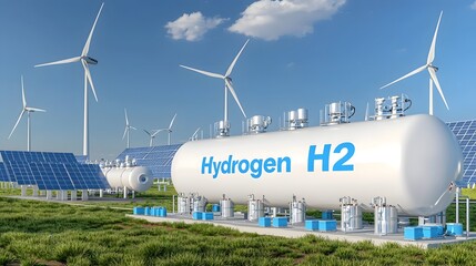 Leinwandbilder - Futuristic hydrogen energy storage facility featuring a large white gas tank surrounded by solar panels and wind turbines generating renewable eco friendly power in a clean modern design
