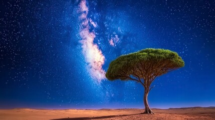 Poster - Vast open landscape beneath a night sky dotted with a vibrant galaxy, featuring a solitary tree