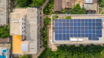 Leinwandbilder - Futuristic aerial shot of a domestic solar panel system installed on the rooftop of a home in a modern Indian city  The home is powered by renewable energy