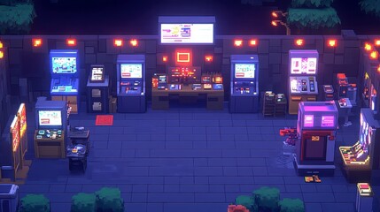 Poster - Pixel art night scene of a street arcade, glowing pixelated vending machines and game consoles, low level light, city street background