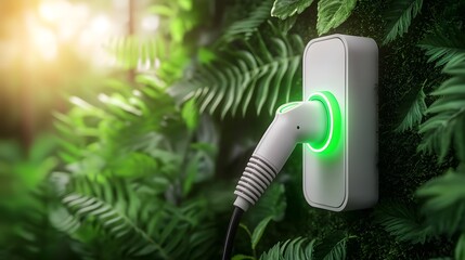 Leinwandbilder - Futuristic close up of a white electrical outlet with a glowing green plug and electrical wire embedded in a dense vertical garden wall