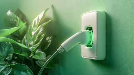 Aufkleber - Minimalistic yet Powerful Close up of a White Electrical Outlet with Green Plug and Wire Embedded within a Lush Green Living Wall  The Soft Natural Lighting and Shadows Create Depth