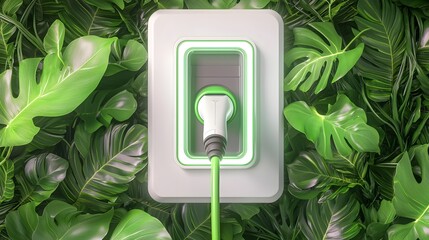 Aufkleber - Macro shot of a white electrical socket with a sleek green plug and wire attached seamlessly blending into a dense vibrant backdrop of lush green foliage