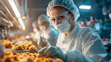 Aufkleber - Workers in Protective Gear Inspecting Poultry Processing Line at Industrial Food Production Facility  Control and Hygiene Practices in Automated Manufacturing Workplace