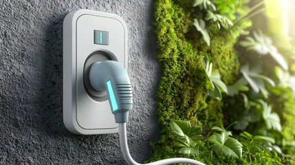 Aufkleber - Representation of Green Energy Power Socket with Moss Covered Wall   Symbolizing the Fusion of Clean Electricity and Environmental Responsibility