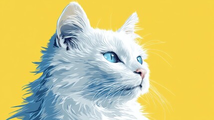 Wall Mural - White cat with blue eyes, yellow background.