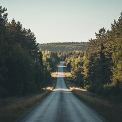 Poster - Straight road leading through a dense green forest with sunlight creating a serene atmosphere. Generative AI