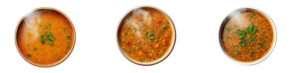 Wall Mural - Set of a bowl of lentil soup with steam rising, popular iftar dish, isolated on a transparent background.