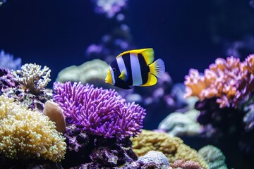 Aufkleber - Vibrant coral reef teems with tropical fish swimming among colorful corals in a lively underwater ecosystem. Generative AI