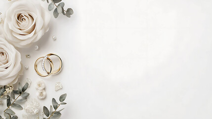 a pair of gold wedding rings with one featuring small diamonds is set against a soft white backgroun