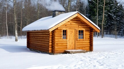 Canvas Print - Rustic wooden house in snowy forest, light brown wooden exterior, snow covered roof, simple design, winter scene, peaceful atmosphere, outdoor