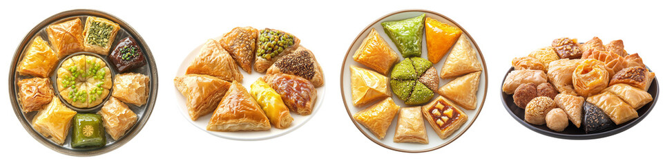 Wall Mural - Set of a plate of traditional Middle Eastern sweets like baklava and qatayef, isolated on a transparent background.