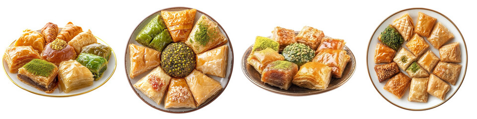 Wall Mural - Set of a plate of traditional Middle Eastern sweets like baklava and qatayef, isolated on a transparent background.