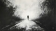 © Marut - charcoal depiction of a lone figure walking on an empty foggy road