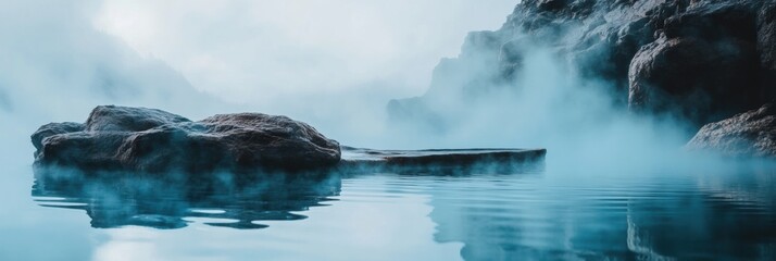 Poster - Serene hot spring surrounded by rocky edges with steam rising under a calm sky at twilight. Generative AI