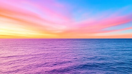 Sticker - Vast ocean expanse at sunset, vibrant colorful cloudscape above, tranquil water surface, soft pastel hues, vivid mix of pink, orange, and blue tones