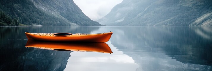 Poster - Lone orange kayak floating on calm mountain lake during overcast day with reflections of hills in water. Generative AI