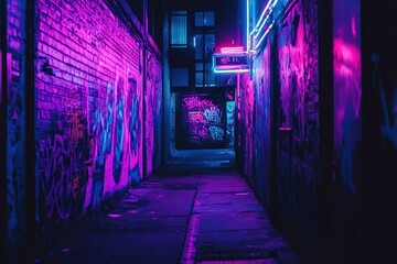 Wall Mural - Neon-lit urban alleyway, graffiti art, night scene, city backdrop, urban exploration