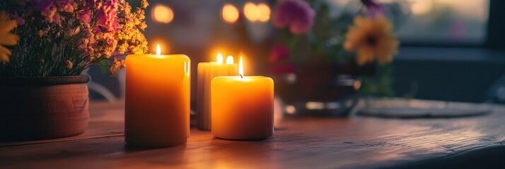 Poster - Elegant festive dining table adorned with glowing candles and fresh flowers for a special occasion in the evening. Generative AI