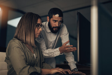 Poster - Night, call center and manager with woman on computer in office for training, online contact and consulting. Meeting, teamwork and man with worker for customer service, crm support and telemarketing