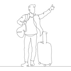 Wall Mural - Continuous one line drawing young man hitchhiking on the road. Hitchhiking. Man with luggage.One continuous line isolated minimal illustration.Not AI.