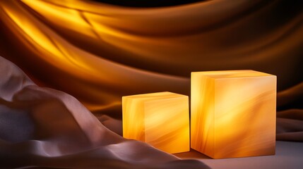 Wall Mural - Softly illuminated amber cubes resting on a textured fabric backdrop with gentle draping